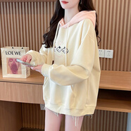 以純（YISHion）早秋連帽衛衣女2025新款春秋韓版寬松薄款初中生百搭撞色上衣外套 粉紅色-秋冬加絨 M (建議80-110斤)