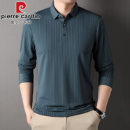 皮爾卡丹（pierre cardin）春秋季肌理紋褶皺無痕長袖T恤男豎條紋polo衫商務(wù)翻領(lǐng)休閑打底衫 湖綠色 M 165