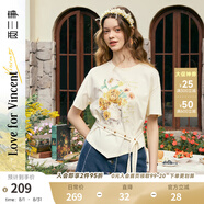 兩三事梵高文藝 葵焰喵憩 2025夏季新款不規(guī)則下擺系帶印花短袖t恤女 杏色-y S