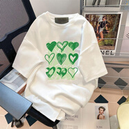 RVFAN2025新款港風(fēng)印花圓領(lǐng)上衣短袖T恤男女同款潮流百搭休閑白t情侶裝 短袖 白色 綠色手繪愛(ài)心 M (80-100斤可穿)