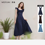 西遇法式浪漫拼接荷葉邊飛飛袖連衣裙女兩穿收腰顯瘦長(cháng)裙 寶藍色 S