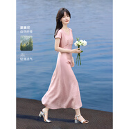 沫晗依美【法式輕優(yōu)雅V領系帶收腰顯瘦長裙】2025夏季新款傘擺輕薄連衣裙 花瓣粉 XL