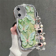 鯨赤適用蘋果x手機(jī)殼A1865新款iPhonexsmax保護(hù)套a2104軟硅膠ipxs外殼女a(chǎn)2100媽媽pgxr全包a2108防摔xs 【電鍍奶油波浪殼】油畫綠蝴蝶+手鏈 iPhone X