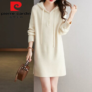 皮爾卡丹（pierre cardin）300斤新款連帽毛衣裙女秋冬內搭針織打底衫胖妹妹中長(cháng)款衛衣針織 米色今年流行的輕奢品牌 3XL 建議240-300斤