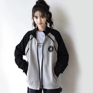 BMOI棒球服外套女2025外套新款春秋韓版黑灰拼色原宿BF開衫寬松夾克學(xué) 灰色 S 建議80-100斤