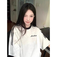 何佳功新款美式三條杠夏季寬松純棉t恤女短袖設(shè)計(jì)感學(xué)生半袖體恤上衣服 白灰色 L 【建議110-130斤】