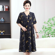胖太太夏季中長(cháng)款冰絲裙子中老年女裝200斤媽媽加肥加大碼連衣裙 藏青色 3XL 建議120-150斤
