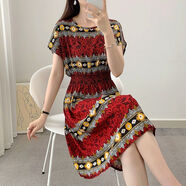 潯菲廣州十三行連衣裙媽媽裝2025新款高端棉綢女夏韓版高腰碎花小個(gè)子 短裙玫瑰花紅 S 75-85