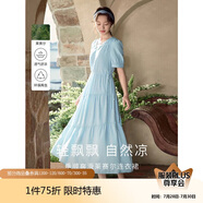 茵曼（INMAN）法式連衣裙女夏季顯瘦遮肚燈籠袖抽繩收腰公主長(zhǎng)裙子 紺藍(lán)色 XL 
