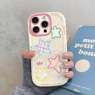 屹川（YICHUAN）適用蘋果15/pro/max手機殼 iPhone15plus全包防摔新款卡通高級感泡芙硅膠軟殼可愛英文kt貓女款 【古董白】彩五角星-贈保護(hù)膜 蘋果15