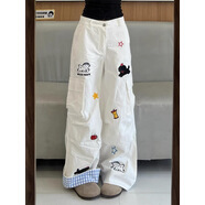 風(fēng)采兔高街格子翻邊口袋工裝牛仔褲女2025夏季小狗刺繡直筒寬松闊腿長(cháng)褲 白色 M