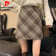 皮爾卡丹（pierre cardin）毛呢短裙包臀裙格子時(shí)尚性感小香風(fēng)裙子流秋冬季新款高腰裙 咖色 常規 S 【85-100斤】