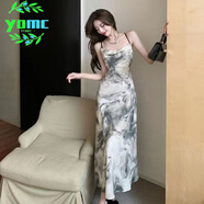 YOMC國風(fēng)復(fù)古連衣裙夏季2024新款水墨畫氣質(zhì)感級感露背氣質(zhì)吊帶裙子 圖片色[] L 建議105-115斤