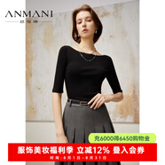 恩曼琳（ANMANI）24早春新款高級感一字領五分袖修身針織衫EANEAA51 黑色 L