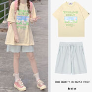 冰玉豐姿可愛甜美短袖運(yùn)動(dòng)套裝女夏季學(xué)生軟妹少女寬松韓版休閑短褲兩件套 奶黃短袖+天藍(lán)短褲[一套] S 建議70-95斤