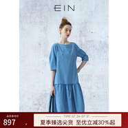 EIN言美拉藍多巴胺格紋泡泡袖圓領低腰壓褶休閑娃娃裙夏季新款 寶藍 M