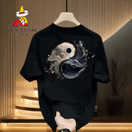 稻草人夏季新款重磅純棉短袖T恤男百搭太極潮流印花圓領(lǐng)痞帥寬松ins上衣 黑色 【重磅純棉面料】 XL 建議126-145斤