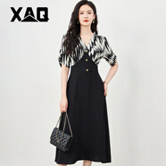 XAQ高端職業(yè)連衣裙女夏季法式名媛氣質(zhì)小香風(fēng)高貴精美顯瘦遮肉A字裙 黑白色 M