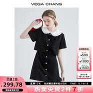 VEGA CHANG假兩件黑色裙子女夏娃娃領(lǐng)法式收腰顯瘦氣質(zhì)連衣裙 黑色 L
