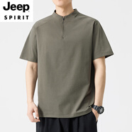 JEEP SPIRIT2025新款立領(lǐng)夏季半拉鏈男生短袖t恤純色速干運(yùn)動(dòng)涼半袖體恤衫 88N7軍綠色 M 建議90-110斤