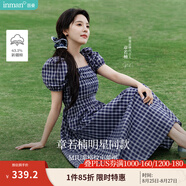 茵曼（INMAN）章若楠同款法式方領(lǐng)格紋連衣裙2025夏季新品女裝泡泡袖裙子 藏青藍 63.1%棉 S