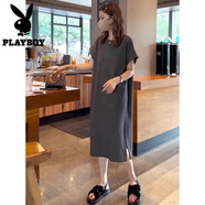 花花公子（PLAYBOY）灰色短袖女夏季寬松休閑慵懶開(kāi)叉裙大碼款過(guò)膝 灰色(綠-大V字母) M 85-105斤