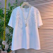 奈久留美2025夏季國潮重工串珠亮片短袖T恤男女潮流個(gè)性圓領(lǐng)套頭大碼上衣 白色 L 【建議100-120斤】