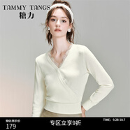 糖力【商場(chǎng)同款】冬季新款蕾絲邊V領(lǐng)羊毛針織衫女打底衫上衣 白色 M