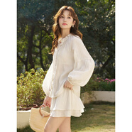 德瑪納【清冷感茶藝松弛套裝】春秋時(shí)尚甜美泡泡袖上衣休閑短褲兩件套女