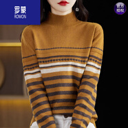 羅蒙（ROMON）25新款100%羊毛絨衫女半高領(lǐng)條紋毛衣加厚內搭拼色羊毛針織衫 姜黃色+桐鄉濮院大朗毛衣羊毛衫女 S 80-95+桐鄉濮院大朗毛衣羊毛衫女