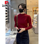 皮爾卡丹（pierre cardin）半高領(lǐng)泡泡袖長袖針織衫女2025秋冬季新款修身打底衫洋氣內(nèi)搭上衣 酒紅色 S 【80-95斤】