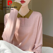 皮爾卡丹（pierre cardin）POLO領(lǐng)拼色精紡羊毛長袖針織衫女春秋薄款翻領(lǐng)毛衣寬松內(nèi)搭打底衫 粉色 2XL 135-150斤