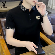 花花公子（PLAYBOY）短袖t恤男2025夏季新款潮流polo領(lǐng)商務(wù)休閑上衣薄款百搭寬松男裝 黑色 XL