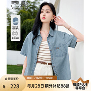 香影牛仔短袖襯衫女2025夏季新款淺藍(lán)色襯衣寬松復(fù)古刺繡薄款外套 牛仔藍(lán) M