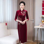 夏典素訂女王喜婆婆婚宴旗袍2025新款秋季高貴優(yōu)雅媽媽裝秋年輕丈母娘結婚禮服 酒紅絲絨一步裙 L