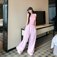 希蘇隆yy潮流精品女裝嚴(yán)選藏青色辣妹修身短袖T恤夏季純色緊身顯身材正 粉紫色褲子 S 【80-90斤】