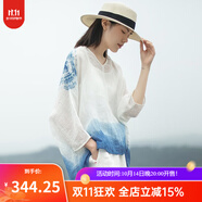 知筆墨夏秋復(fù)古文藝植物草木染苧麻上衣女 寬松潑墨飄逸蝙蝠袖襯衫 藍(lán)白色 均碼