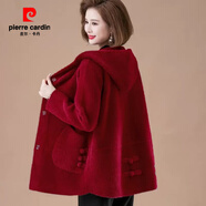 皮爾卡丹（pierre cardin）胖媽媽高貴仿水貂絨大衣中年女裝加肥加大碼中老年秋冬時(shí)尚毛呢外 酒紅 L 【90-105斤】