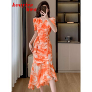 蔻伊婭（Kouyiya）品牌女裝新品復古收腰扎染印花連衣裙女裝荷葉邊魚(yú)尾包臀裙女 橘花色 M
