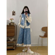 2025秋冬款大碼小清新牛仔套裝裙女春季感馬甲胖MM遮肚藏肉半身裙 牛仔兩件套 L