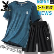 花花公子短袖t恤涼感夏季冰絲速干運(yùn)動(dòng)服套裝男一整套寬松圓領(lǐng)跑步服大碼 【花花公子】迷彩藍(lán)T恤+黑色短褲 XL 【建議100-120斤】
