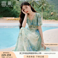 香影海邊度假暈染連衣裙女2025夏季新款民族風波西米亞v領雪紡裙 綠花 連衣裙  XL 170/92A/125-140斤