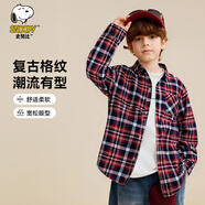 史努比（SNOOPY）童裝兒童襯衫男童長(cháng)袖上衣青少年外出衣服 格紋史努比紅白條