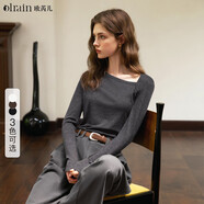 Olrain歐芮兒長袖T恤女裝秋季通勤斜肩設(shè)計(jì)感打底衫顯瘦上衣 灰色 L