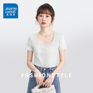 真維斯（JEANSWEST）黑色方領(lǐng)短袖t恤2025夏季新款薄款短修身顯瘦低領(lǐng)露鎖骨體恤上衣 淺花灰 純色 S