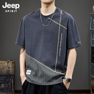 JEEP SPIRIT短袖t恤男純棉重磅設計感拼接2025休閑上衣夏季新款寬松半袖體恤 深灰 XL 推薦體重145-160斤