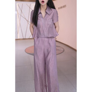 古曦朵純色時尚POLO領(lǐng)短袖兩件套女2025夏季新款媽媽薄款休閑闊腿褲套裝 粉紫色上下兩件套 M 建議85-105斤
