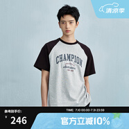Champion【王俊凱同款】冠軍短袖插肩袖情侶款25夏季新款復(fù)古純棉T恤 黑色灰色拼接 L