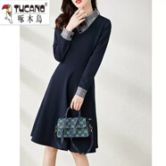 啄木鳥（TUCANO）中長(zhǎng)款裙子女2025女裝新款長(zhǎng)袖收腰顯瘦長(zhǎng)袖連衣裙歐美女裝法式裙 藍(lán)色 S