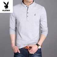 花花公子（PLAYBOY）高端純棉長(cháng)袖t恤男秋冬內衣加絨立領(lǐng)保暖體恤純色打底衫加厚男裝 88165淺灰色 純棉春秋 薄款 3XL 185【160-180斤左右】